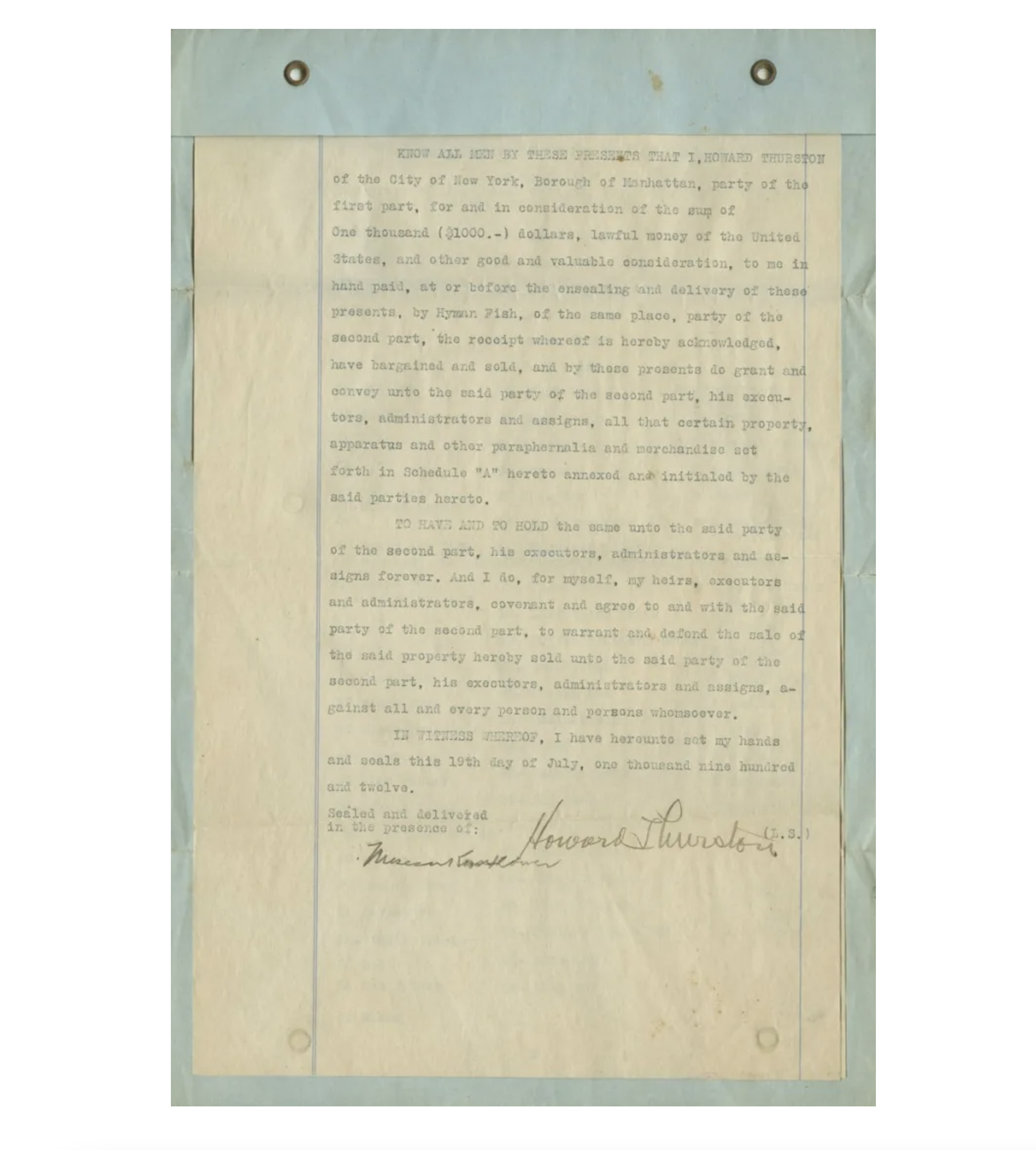 Important loan document signed by Howard Thurston